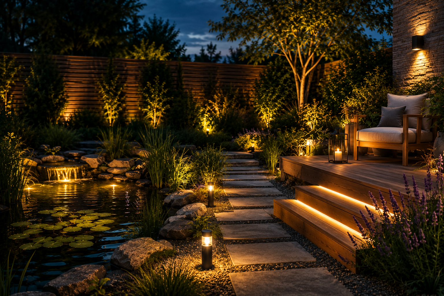 Moderner Garten am Abend mit warmer indirekter Beleuchtung, Holzdeck, Teichbeleuchtung und atmosphärischem Licht für eine ruhige Wohlfühlatmosphäre im Garten.