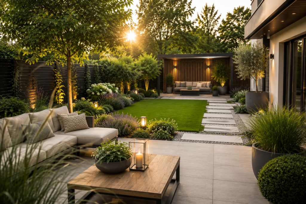 Atmosphärischer moderner Garten mit klaren Linien, hochwertigen Materialien, strukturierter Bepflanzung und gemütlicher Loungefläche als Beispiel für eine pflegeleichte und wohnliche Gartengestaltung.