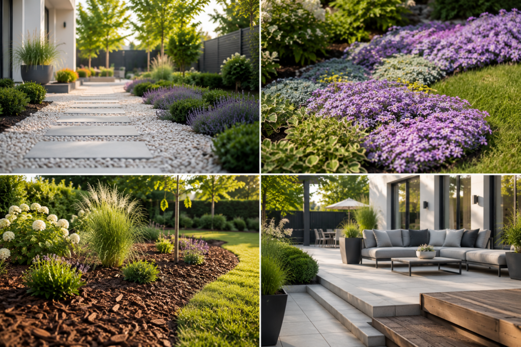 Collage mit modernem pflegeleichtem Garten, Kieswegen, Bodendeckern, Mulchflächen und strukturierter Terrasse bei sommerlichem Tageslicht.