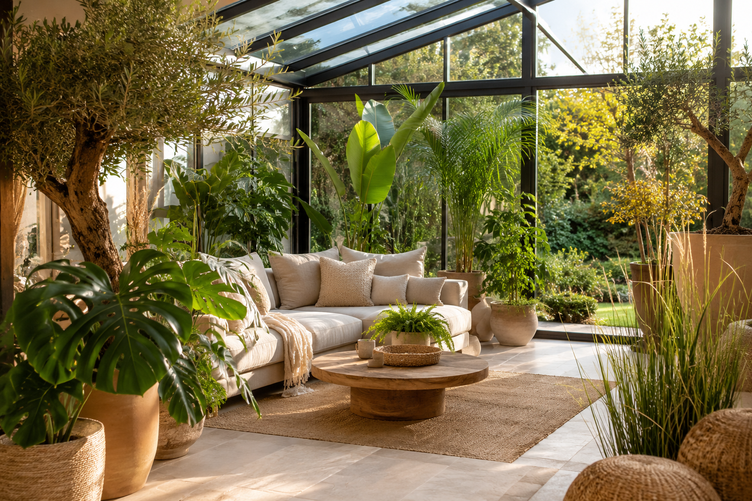 Moderner Wintergarten mit großen Grünpflanzen, Olivenbaum und gemütlichem Lounge-Bereich in natürlicher Wohlfühlatmosphäre