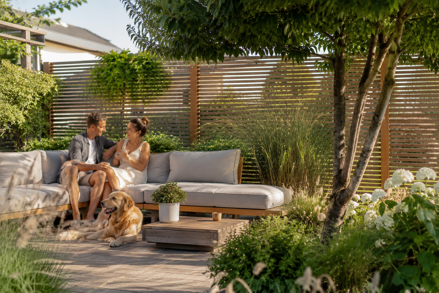 Moderner Garten mit Holzsichtschutz, Lounge-Bereich, Gräsern und Hund bei Tageslicht als ruhige Wohlfühloase mit natürlicher Privatsphäre.