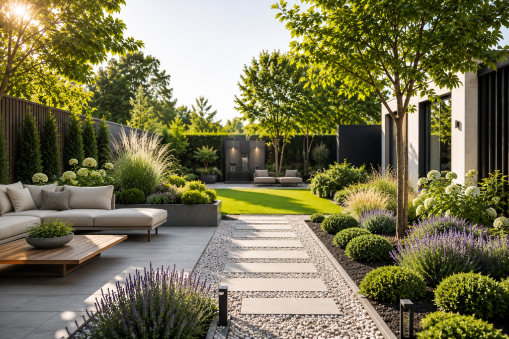 Hochwertig gestalteter moderner Garten mit klaren Wegen, Kiesflächen, Ziergräsern, strukturierter Bepflanzung und kleiner Rasenfläche für eine ruhige und pflegeleichte Gartengestaltung.