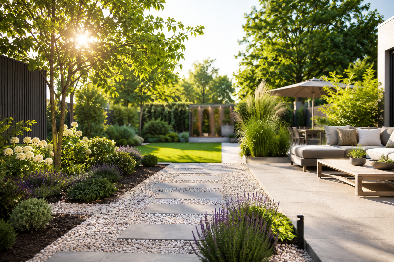 Emotional wirkender moderner Garten im Sommer mit wenig Rasenfläche, heller Terrasse, Kiesflächen, strukturierten Wegen und pflegeleichter Bepflanzung für eine ruhige und hochwertige Gartengestaltung.
