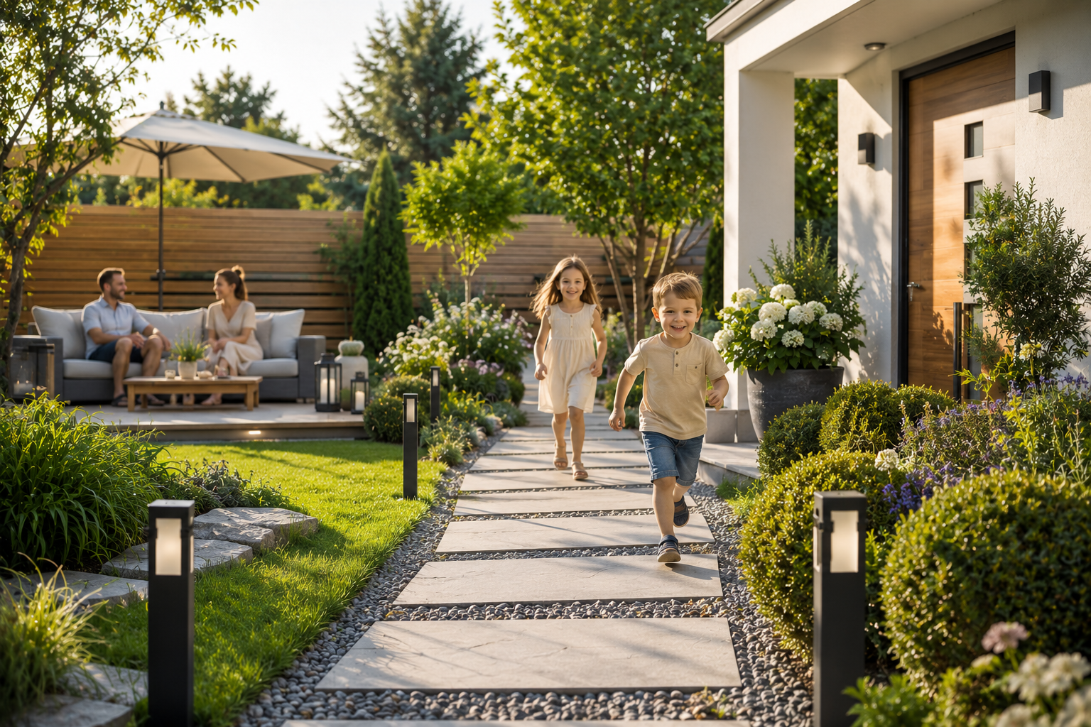 Moderner sicherer Gartenweg mit Beleuchtung, Kindern und ruhigem Sitzbereich vor einem Einfamilienhaus bei Tageslicht.
