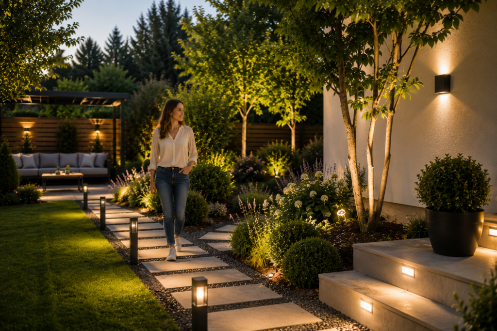 Kind stolpert über ungleichmäßige Trittplatte auf modernem Gartenweg vor einem Einfamilienhaus bei Tageslicht.
