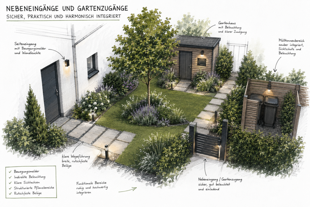 Illustration eines modern geplanten Gartens mit Nebeneingang, Gartenhaus, Mülltonnenbereich, beleuchteten Wegen und strukturierter Wegeführung für mehr Sicherheit und Orientierung.