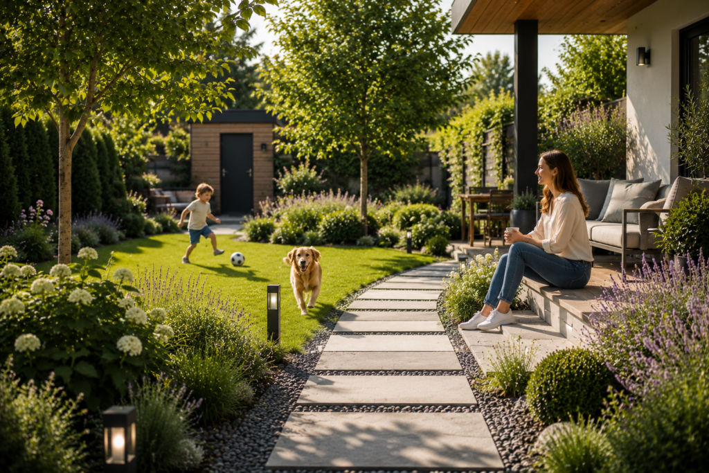 Moderner familienfreundlicher Garten mit Frau, spielendem Kind und Hund auf gepflegtem Rasen sowie sicherem Gartenweg mit natürlicher Beleuchtung und ruhiger Atmosphäre.