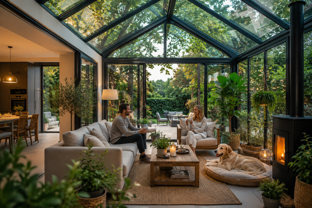 Moderner Wintergarten mit Kaminofen, großen Pflanzen und gemütlichem Sitzbereich als heller Übergang zwischen Haus und Garten mit entspannter Wohnatmosphäre.