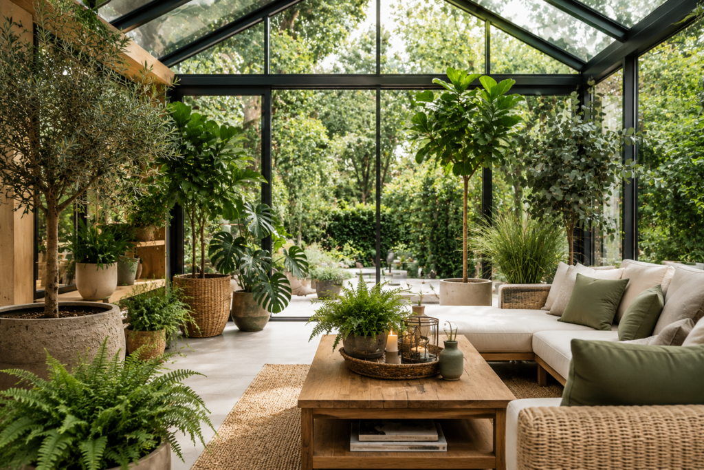Moderner Wintergarten mit großen Grünpflanzen, Olivenbaum, Monstera und gemütlichem Lounge-Bereich in heller natürlicher Wohlfühlatmosphäre.
