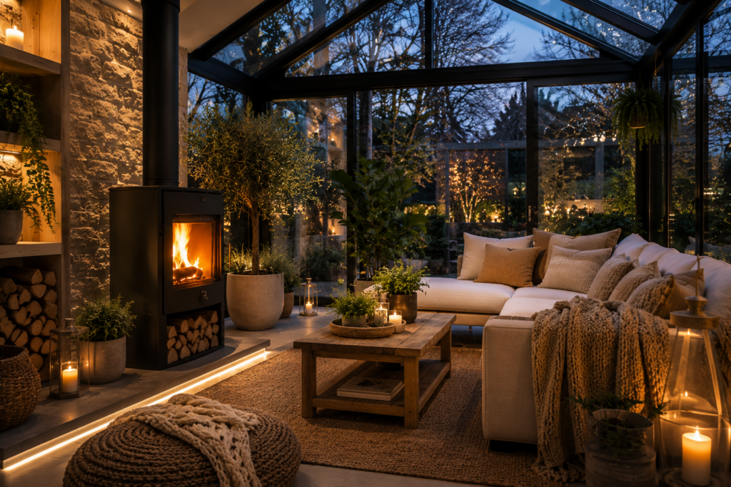 Moderner Wintergarten mit schwarzem Kaminofen, Natursteinwand, gemütlichem Lounge-Bereich und warmem indirektem Licht in ruhiger Wohlfühlatmosphäre am Abend.
