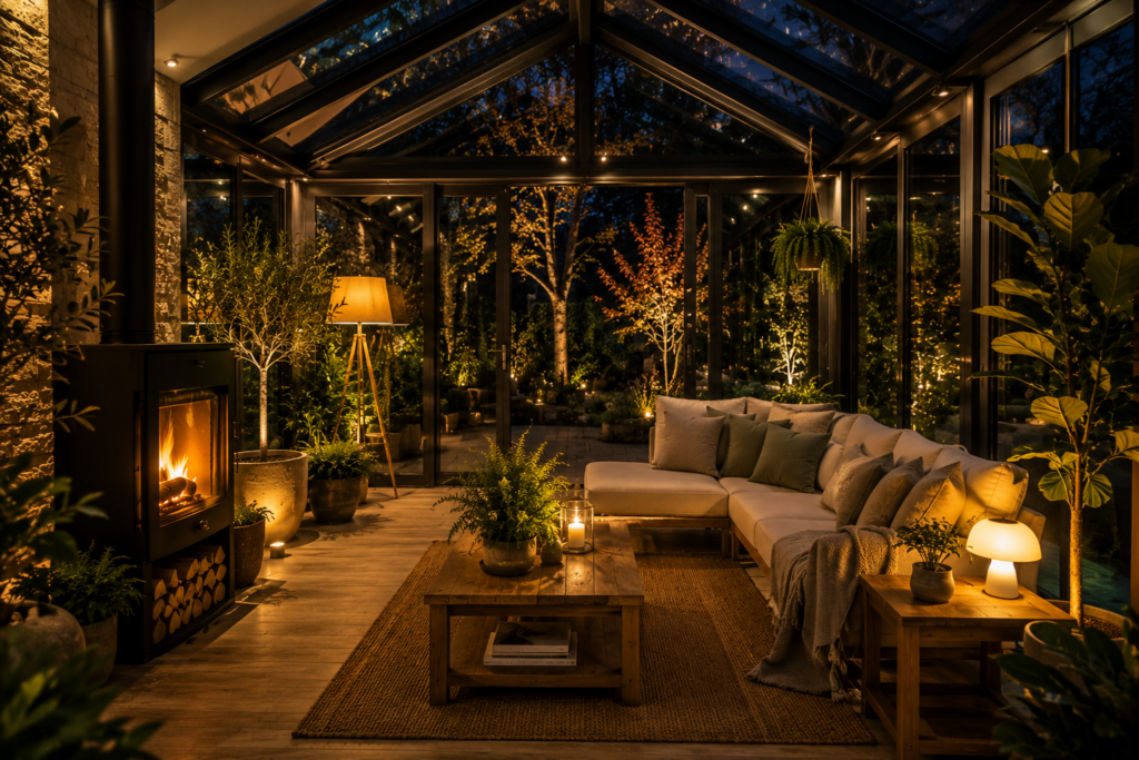 Moderner Wintergarten mit warmem indirektem Licht, beleuchteten Pflanzen, gemütlichem Lounge-Bereich und stimmungsvoller Abendatmosphäre mit Lichtreflexionen an großen Glasflächen.
