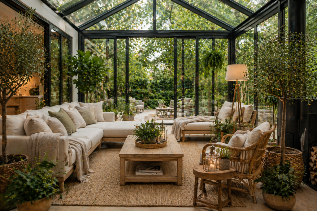 Moderner ruhiger Wintergarten mit Lounge-Sesseln, Rattanmöbeln, natürlichen Textilien und warmen Farben in minimalistischer Wohlfühlatmosphäre.
