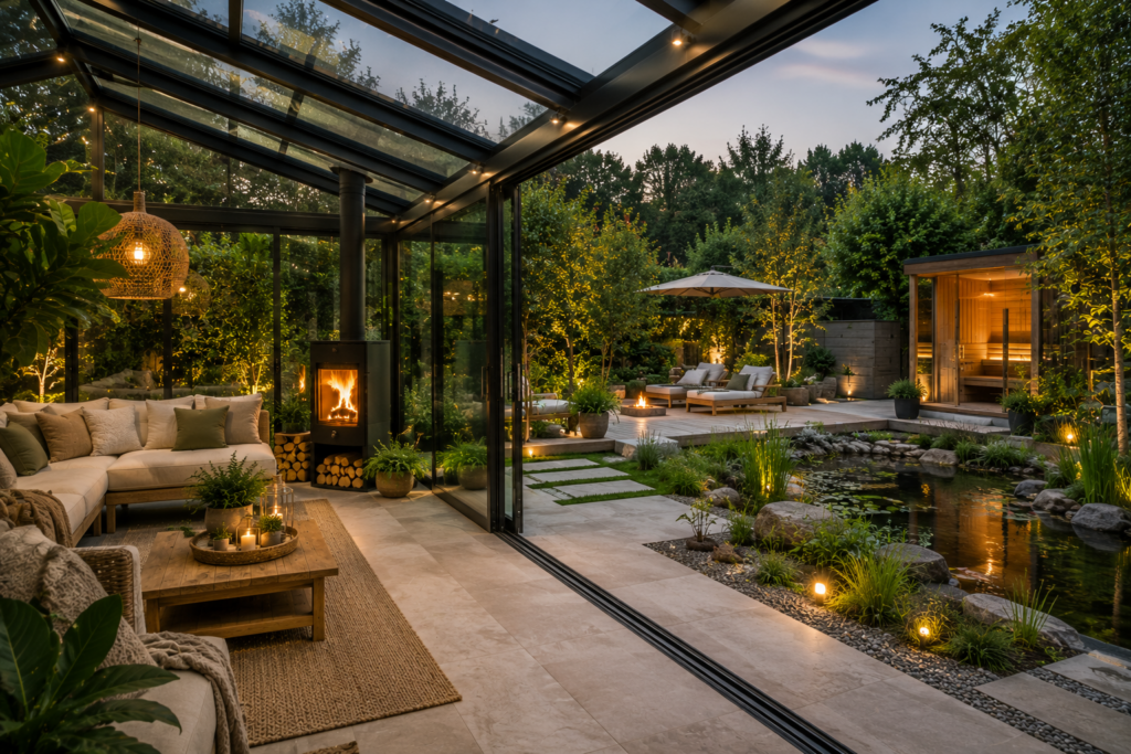 Moderner Wintergarten mit offenem Übergang zu Terrasse, Naturteich, Outdoor-Lounge und Gartensauna in harmonischer Wellness- und Wohlfühlatmosphäre.