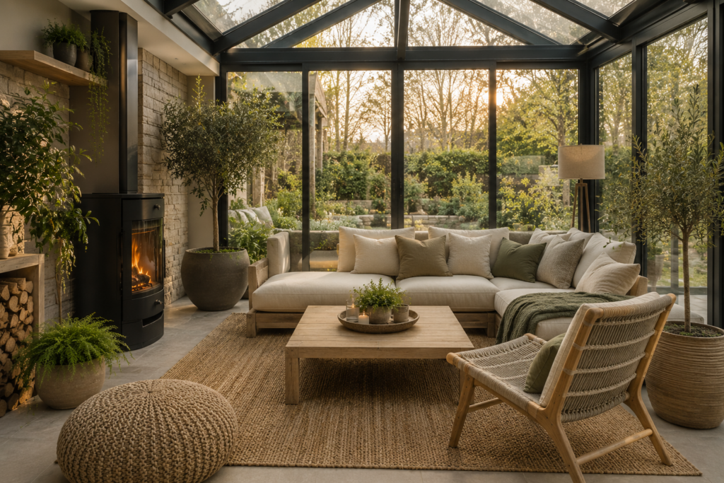 Moderner Wintergarten mit ruhigen Naturfarben, Kaminofen, Holzmöbeln und gemütlichem Lounge-Bereich in harmonischer Wohlfühlatmosphäre.