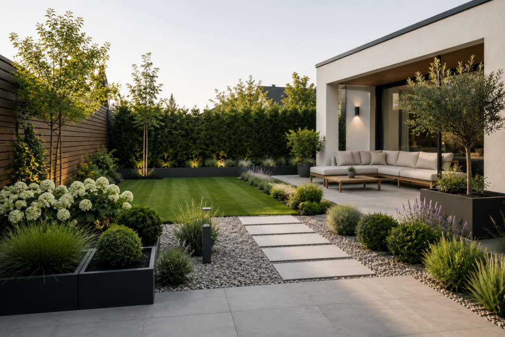 Moderner pflegeleichter Garten mit klaren Linien, ruhiger Atmosphäre und hochwertiger Gartengestaltung