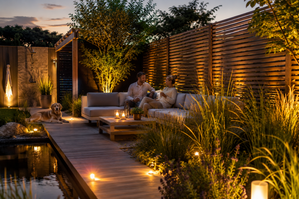 Moderner Garten mit Holzsichtschutz, indirekter Beleuchtung, beleuchtetem Gartenweg, Lounge-Bereich, Menschen und Hund am Abend in ruhiger Wellness-Atmosphäre.