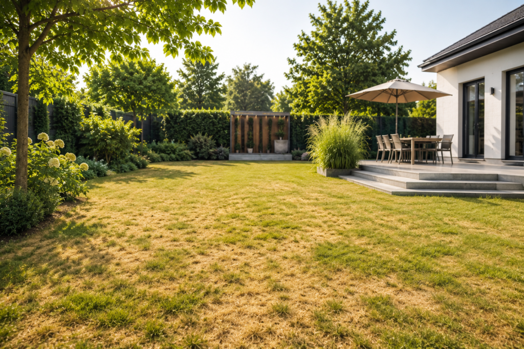 Große Rasenfläche mit trockenen Stellen in modernem Garten bei sommerlichem Tageslicht neben Terrasse und strukturierter Bepflanzung.
