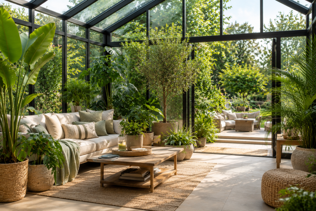 Moderner Wintergarten mit großen Grünpflanzen, gemütlicher Lounge-Ecke und fließendem Übergang zur Terrasse in natürlicher Wohlfühlatmosphäre