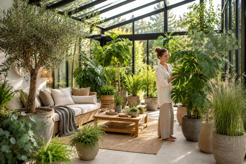 Frau im modernen Wintergarten mit großen Grünpflanzen, Monstera, Olivenbaum und mediterranen Pflanzen in ruhiger natürlicher Wohlfühlatmosphäre