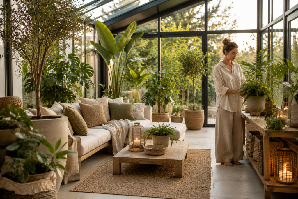 Frau im modernen Wintergarten mit großen Grünpflanzen, natürlichen Materialien und ruhiger Wohlfühlatmosphäre in Beige- und Grüntönen