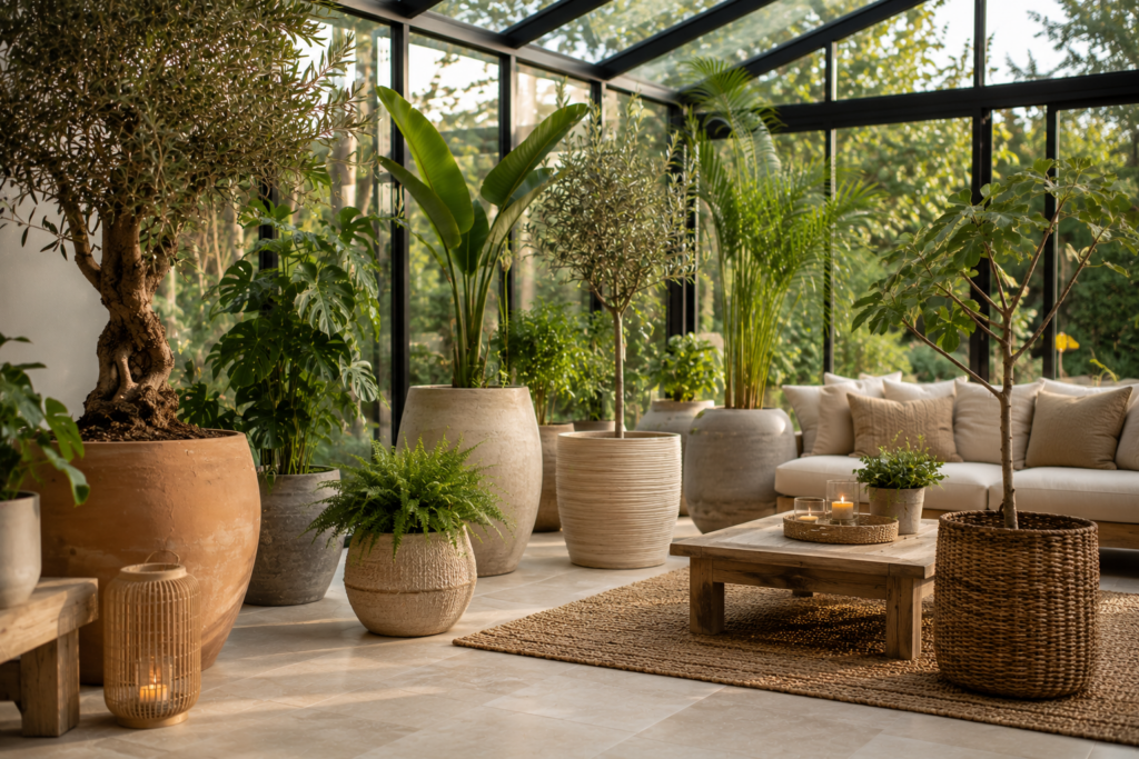 Moderner Wintergarten mit natürlichen Pflanzkübeln aus Terrakotta, Rattan und Betonoptik sowie großen Grünpflanzen in ruhiger Wohlfühlatmosphäre