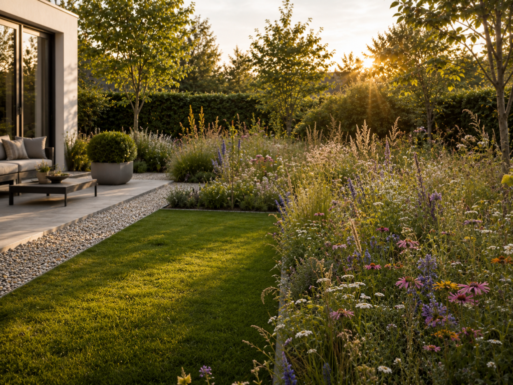 Blumenwiese statt großer Rasenfläche im pflegeleichten Garten