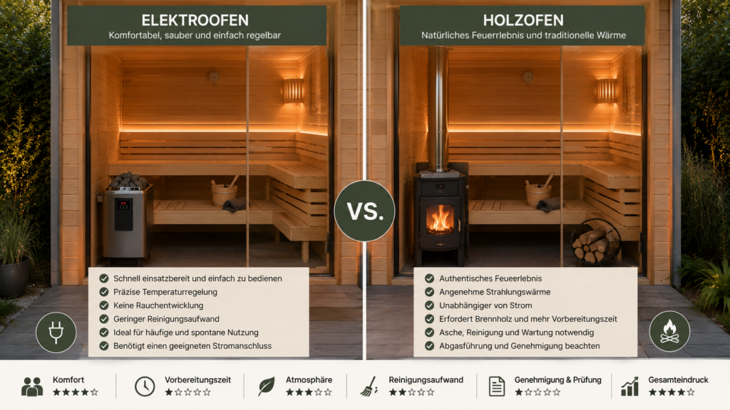 Elektroofen und Holzofen für die Gartensauna im Vergleich