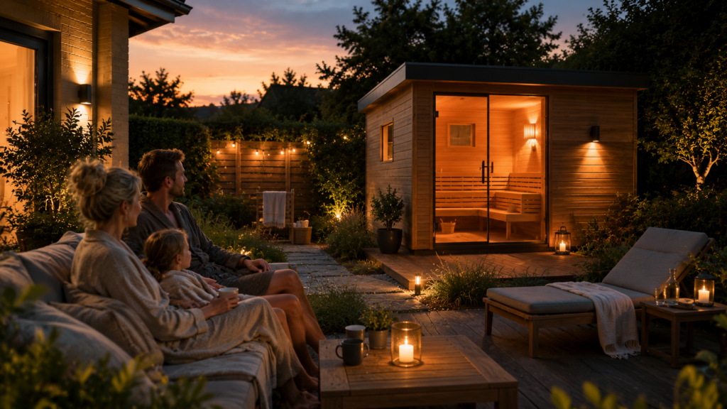 Familie genießt eine ruhige Gartensauna als festen Rückzugsort