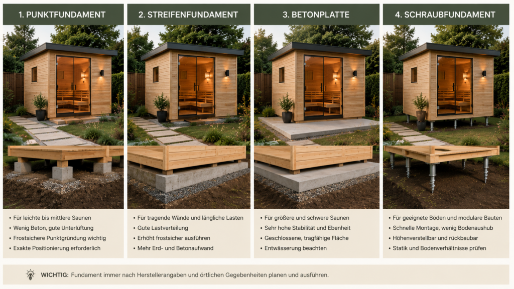 Fundamentarten für eine Gartensauna im Vergleich