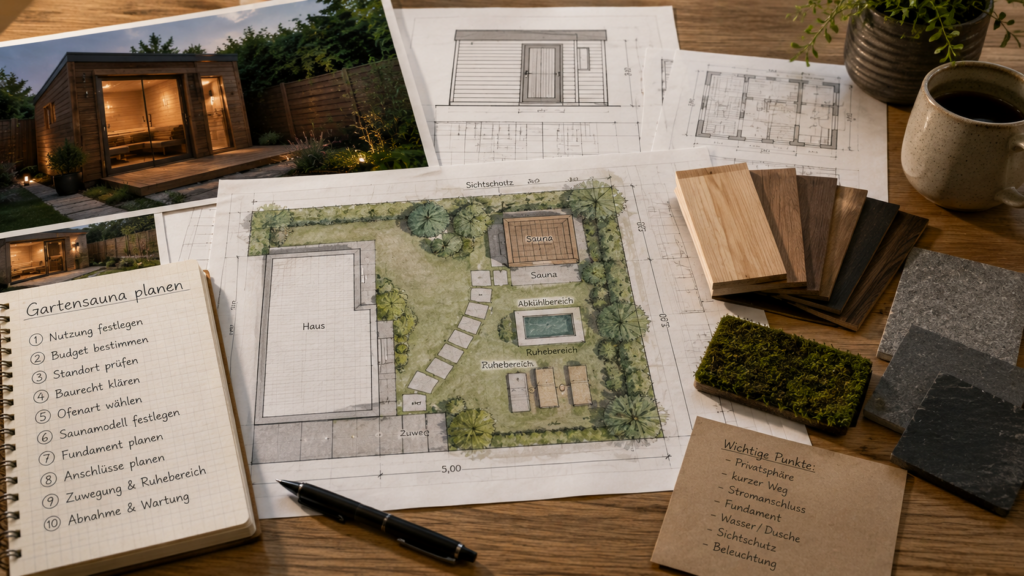 Planung einer Gartensauna mit Grundstücksskizze und Materialauswahl