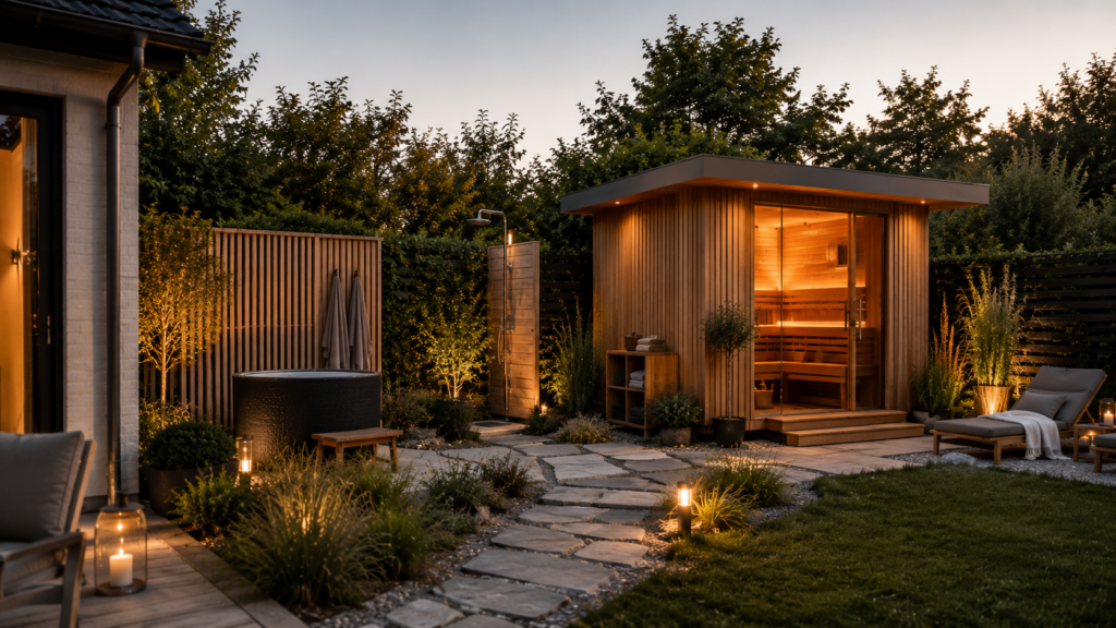 Gartensauna mit Abkühlzone, Ruhebereich und natürlichem Sichtschutz