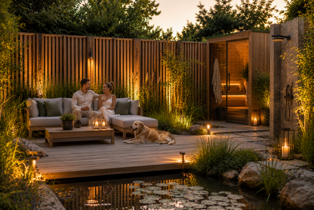 Moderner Garten mit Holzlamellen als Sichtschutz, Lounge-Bereich, Gartensauna, Naturteich, Menschen und Hund in warmer Wellness-Atmosphäre am Abend.