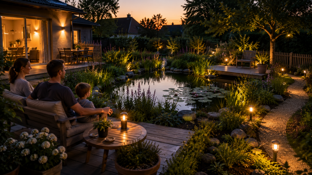Familie genießt einen sicher geplanten Naturteich mit Sitzplatz und dezenter Abendbeleuchtung