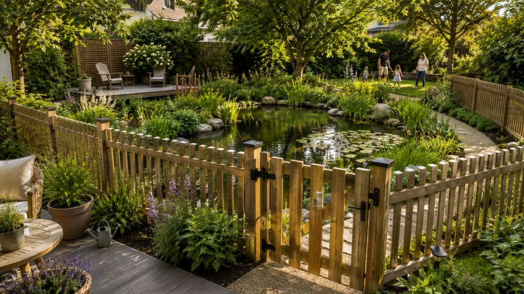 Kindersicher eingezäunter Naturteich im Garten  mit stabilem Tor und freiem Gartenweg
