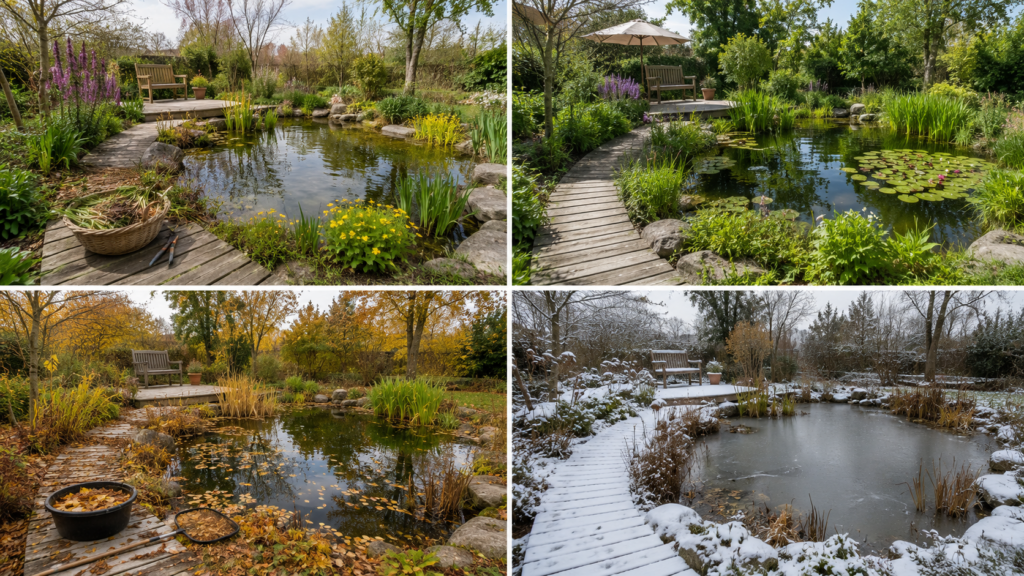 Naturteich im Garten pflegen im Frühling, Sommer, Herbst und Winter