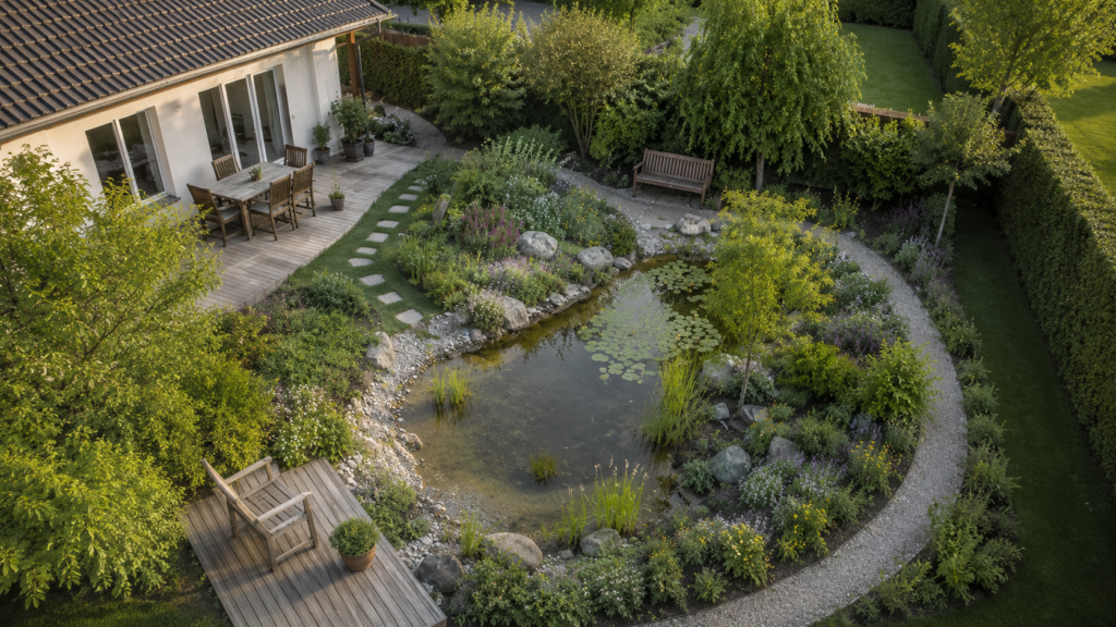 Gartenplanung mit Naturteich, Terrasse, Sichtachse, Pflegeweg und Sitzplatz