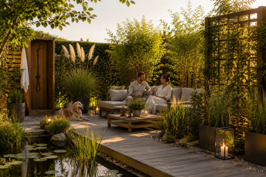 Moderner Garten mit natürlichem Sichtschutz aus Bambus, Gräsern und Rankgittern, gemütlichem Lounge-Bereich, Naturteich, Menschen und Hund bei warmem Abendlicht.