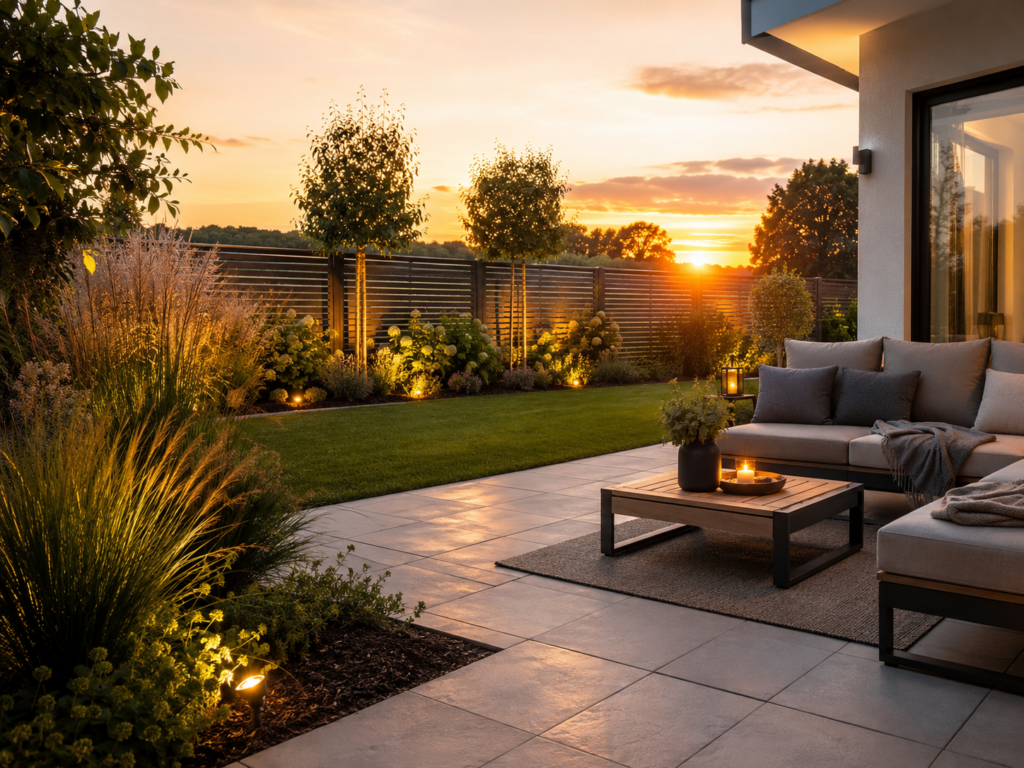 Pflegeleichter Garten mit Terrasse, Lounge, Gräsern und Abendlicht für mehr Ruhe und Zeitwohlstand