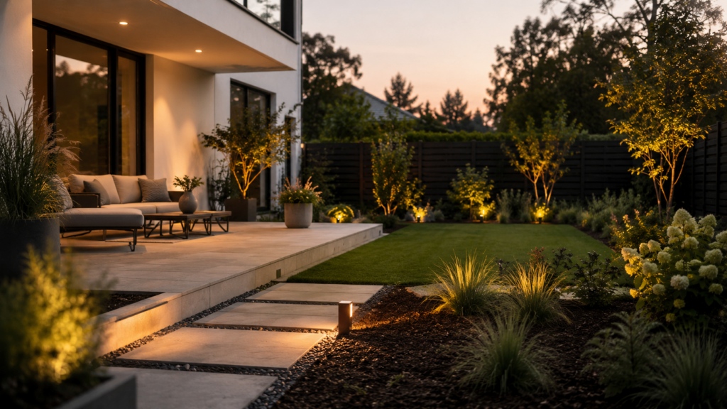 Pflegeleichter Garten mit Terrasse, Gartenweg, Gräsern und klarer Struktur für weniger Gartenarbeit
