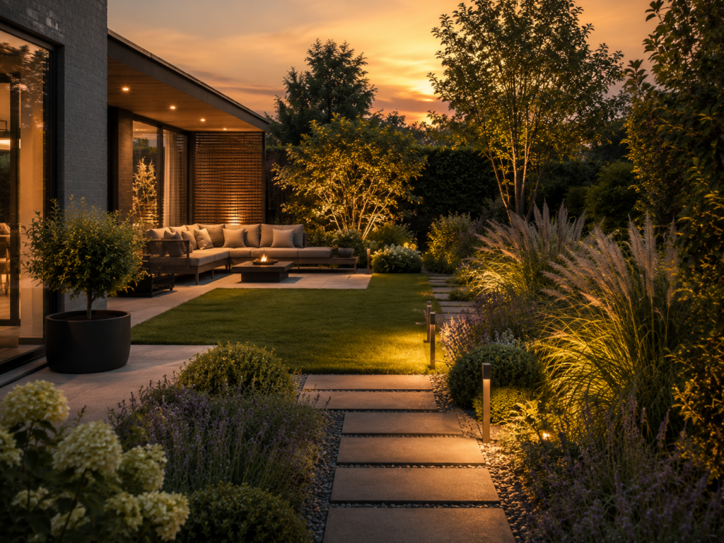 Pflegeleichter Garten mit weniger Rasenfläche, Lounge und ruhiger Abendstimmung