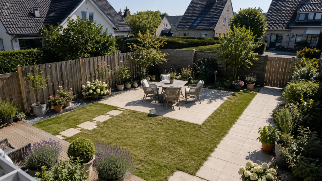 Ungeschützter Sitzplatz im Garten mit direkter Sonne, Einblicken und unklaren Laufwegen