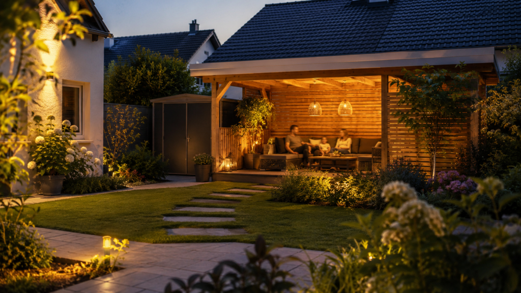 Familie genießt eine geschützte Ruheoase im Garten mit Pflanzen, Sichtschutz und warmem Licht