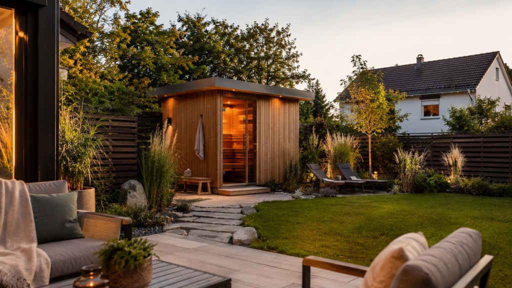 Moderne Sauna im Garten mit Sichtschutz, sicherem Weg und kleinem Ruhebereich