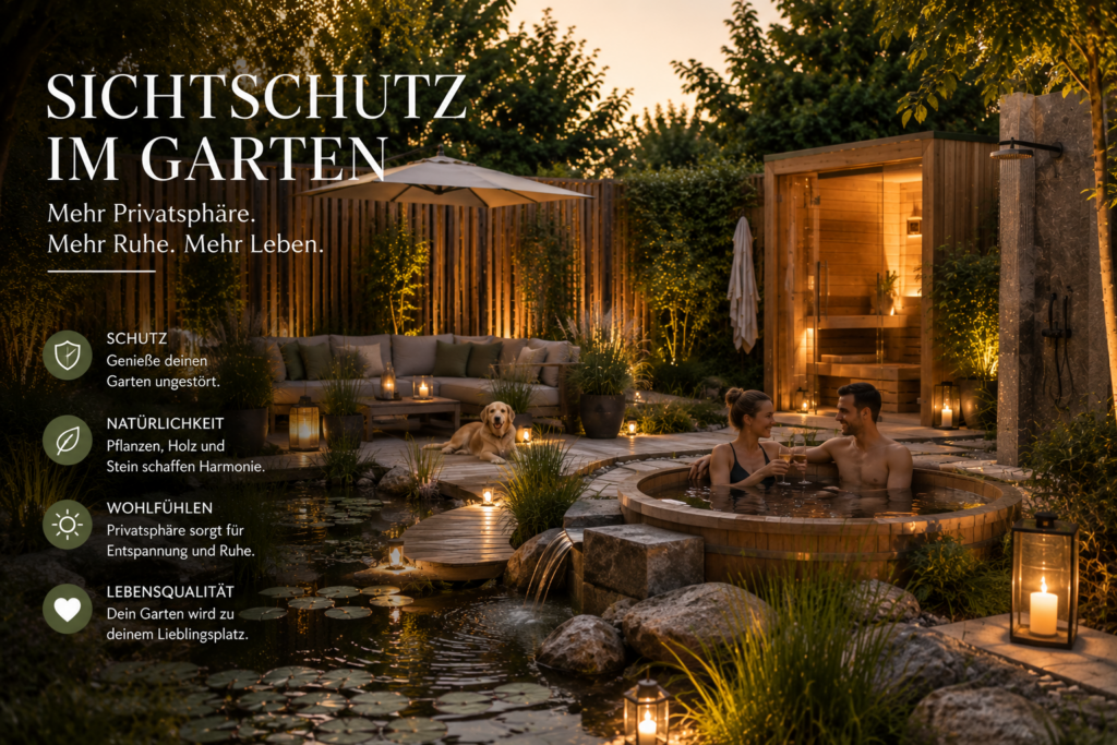 Moderner Garten mit Sichtschutz aus Holz, Naturteich, Gartensauna, Outdoor-Spa, beleuchteten Wegen, Menschen und Hund in ruhiger Wellness-Atmosphäre am Abend.