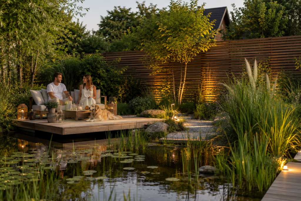 Moderner Naturteich mit Holzsteg, Sichtschutz aus Holz und Pflanzen, beleuchteten Gartenwegen, Menschen und Hund in ruhiger Wellness-Atmosphäre am Abend.