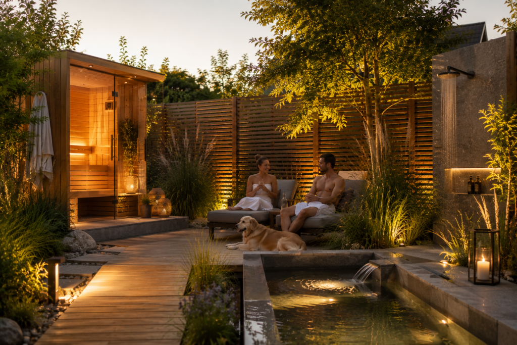 Moderner Outdoor-Spa mit Gartensauna, Sichtschutz aus Holzlamellen, beleuchteten Wegen, Außendusche, Menschen und Hund in ruhiger Wellness-Atmosphäre am Abend.