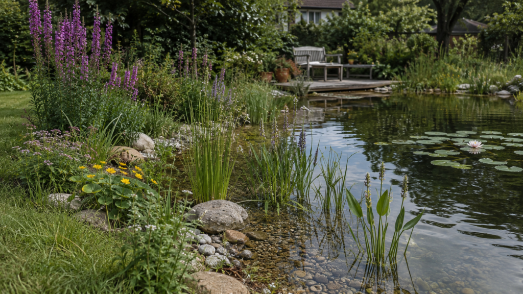 Teichpflanzen in Uferzone, Sumpfzone, Flachwasserzone und Tiefwasserzone