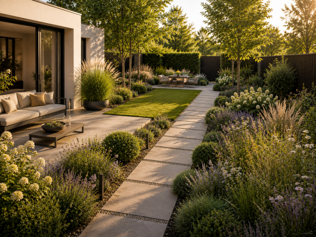Garten mit weniger Rasenfläche, klaren Gartenzonen und pflegeleichten Bereichen