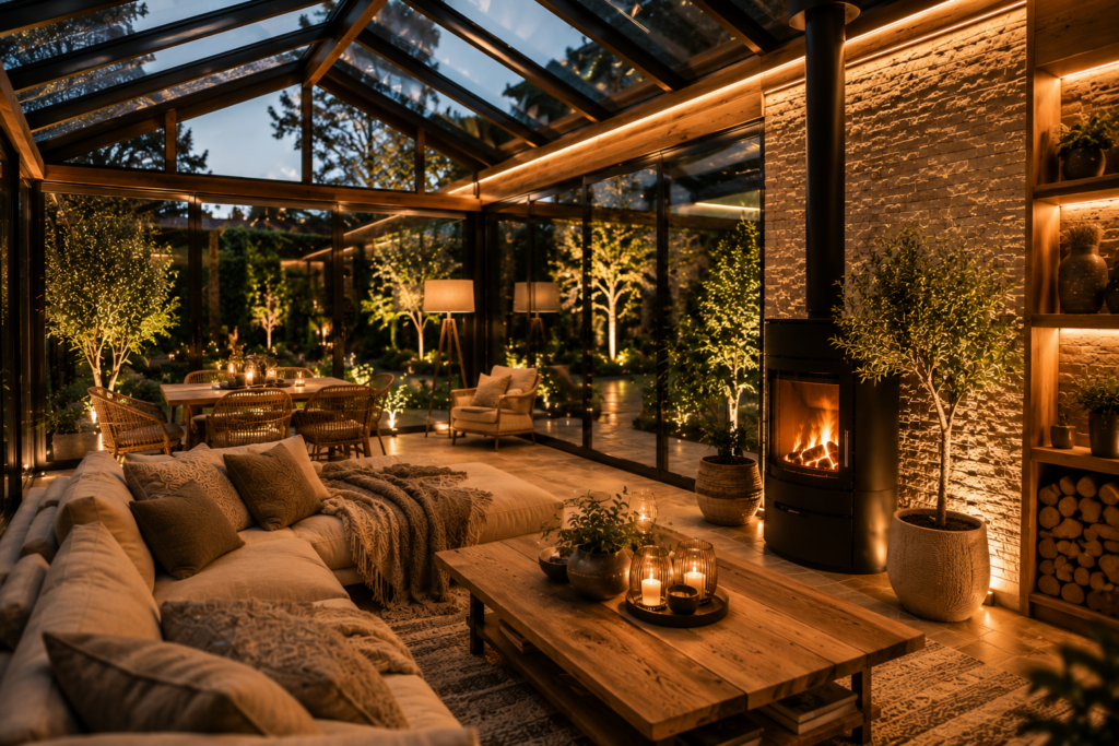 Moderner Wintergarten mit warm beleuchtetem Holz, großen Glasflächen, indirekter Beleuchtung und gemütlichem Lounge-Bereich am Abend