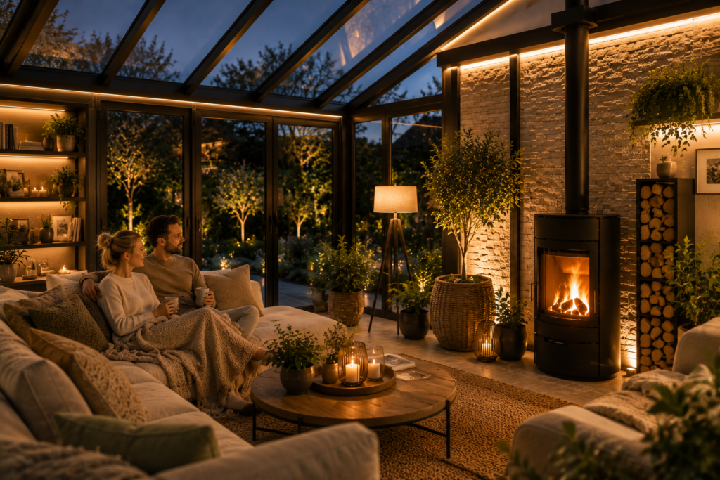 Moderner Wintergarten mit indirekter LED-Beleuchtung, schwarzem Kaminofen, beleuchteten Pflanzen und gemütlichem Lounge-Bereich am Abend